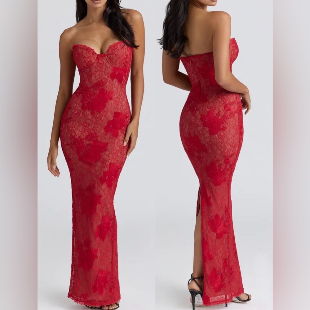 NEW HOUSE OF CB Lucienne Lace Corset Strapless red Gown Sz XL